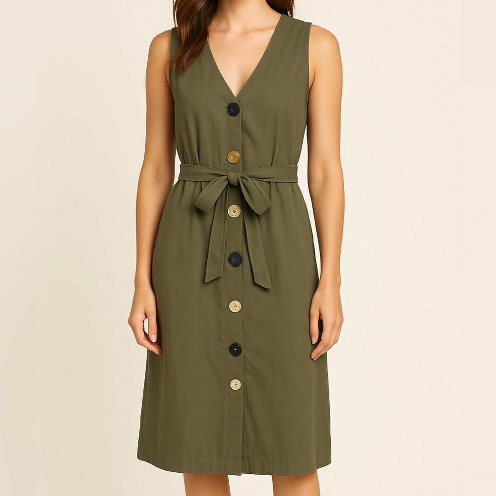 Kate C. Khaki Green Button Down V-Neck Midi Sleeveless SunDress
